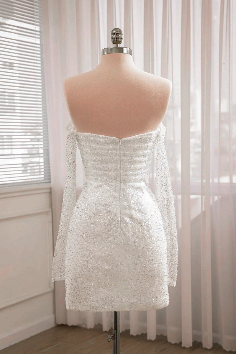 Chic Short Sequined Backless Wedding Dresses with Long Detachable Sleeves