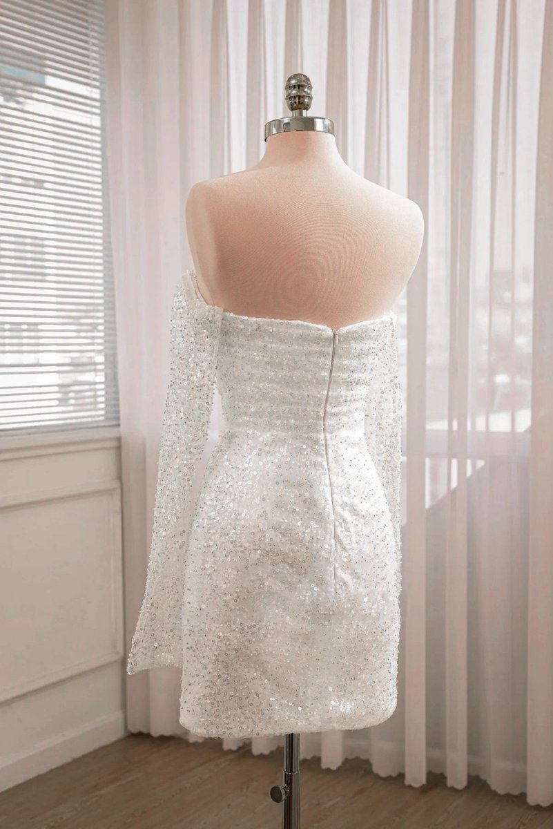 Chic Short Sequined Backless Wedding Dresses with Long Detachable Sleeves