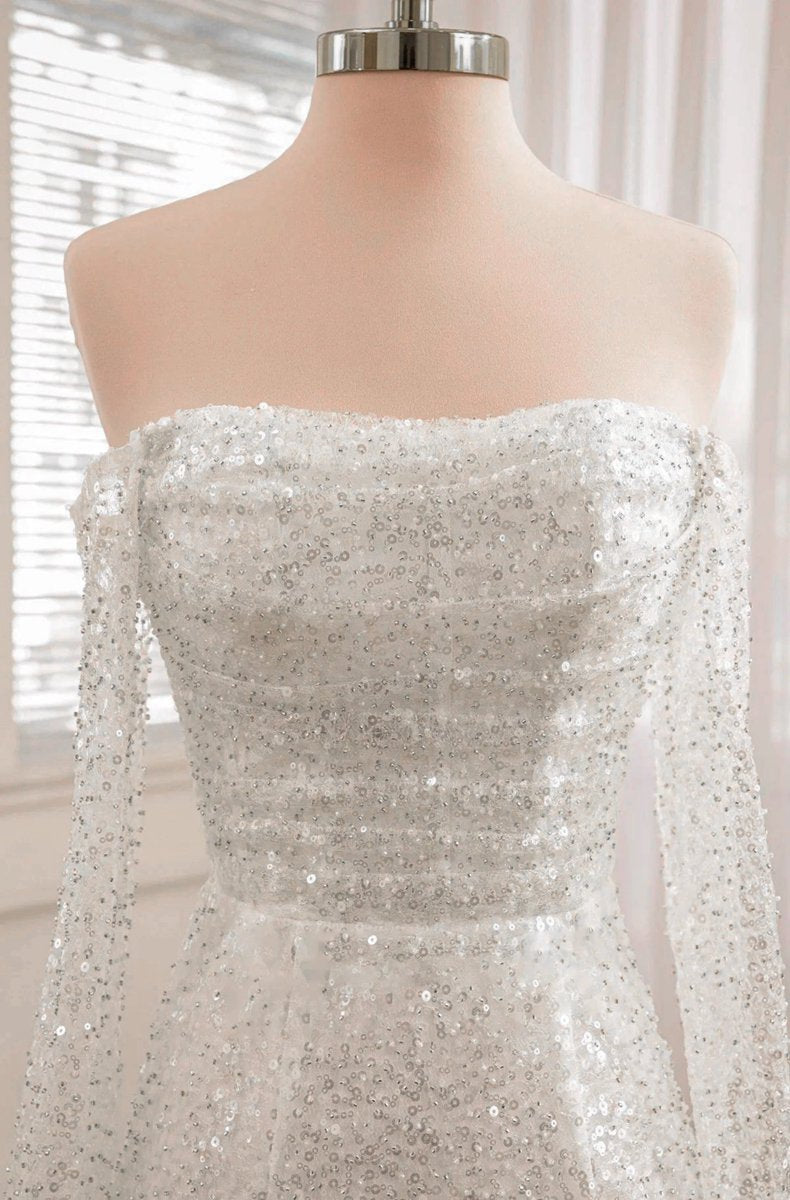 Chic Short Sequined Backless Wedding Dresses with Long Detachable Sleeves