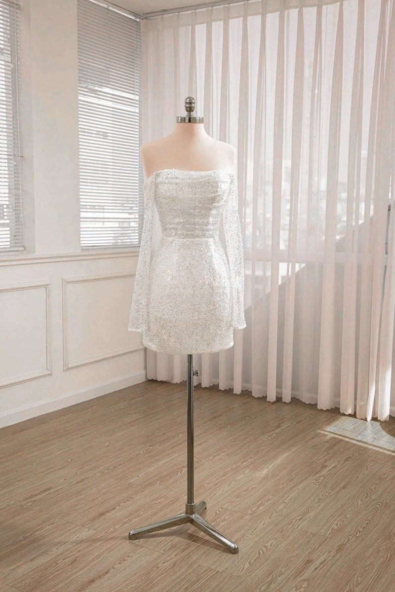 Chic Short Sequined Backless Wedding Dresses with Long Detachable Sleeves