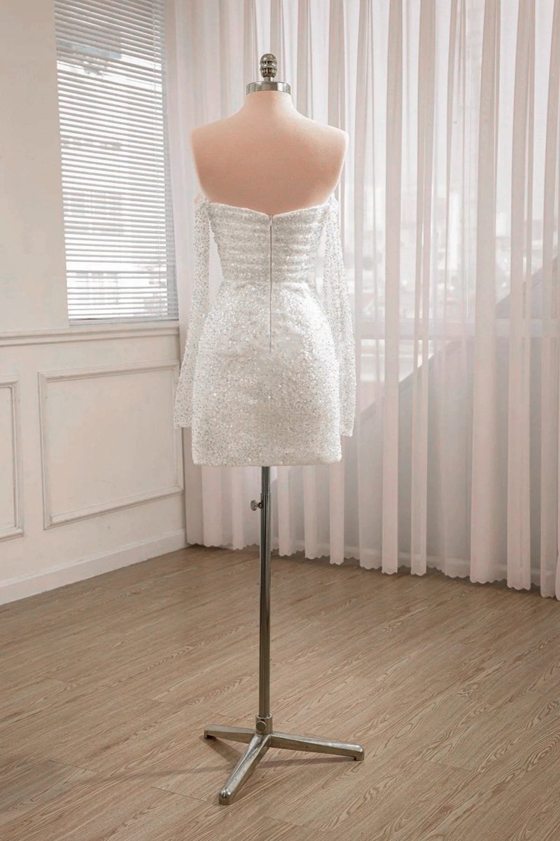 Chic Short Sequined Backless Wedding Dresses with Long Detachable Sleeves