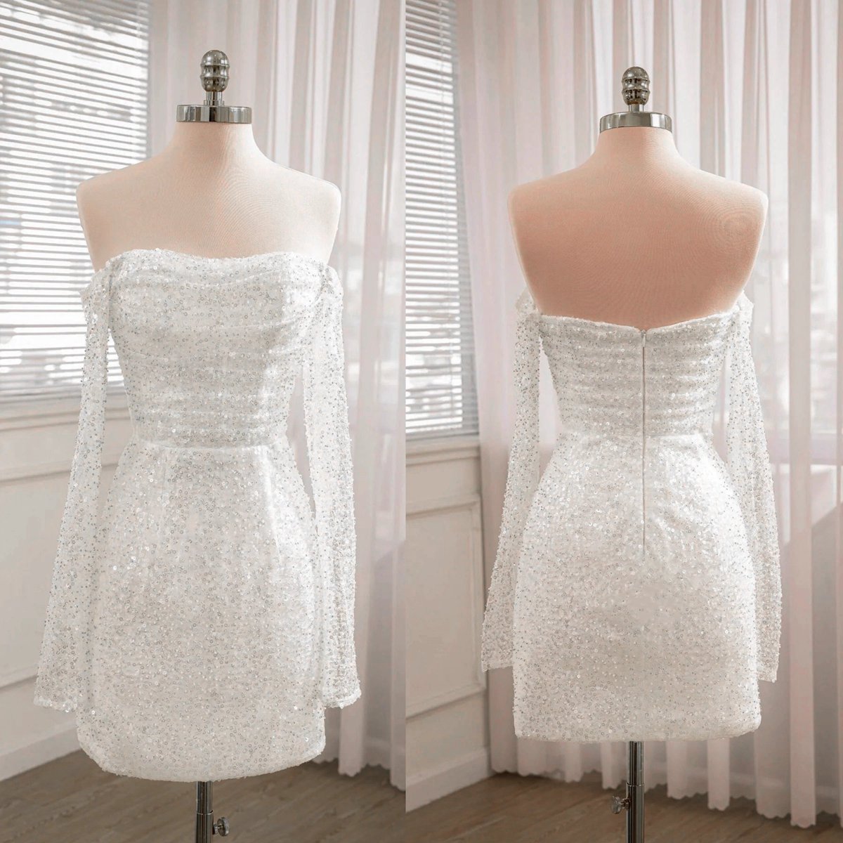 Chic Short Sequined Backless Wedding Dresses with Long Detachable Sleeves