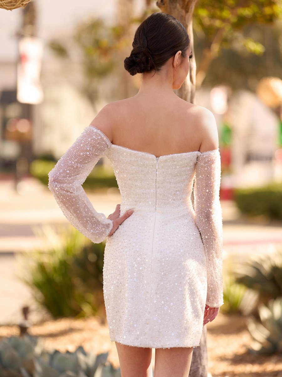 Chic Short Sequined Backless Wedding Dresses with Long Detachable Sleeves