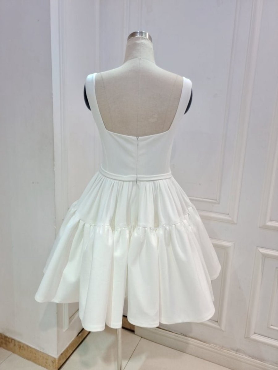 A-line Boat-Neck Mini-Length Sleeveless Satin Pleats Wedding Dresses