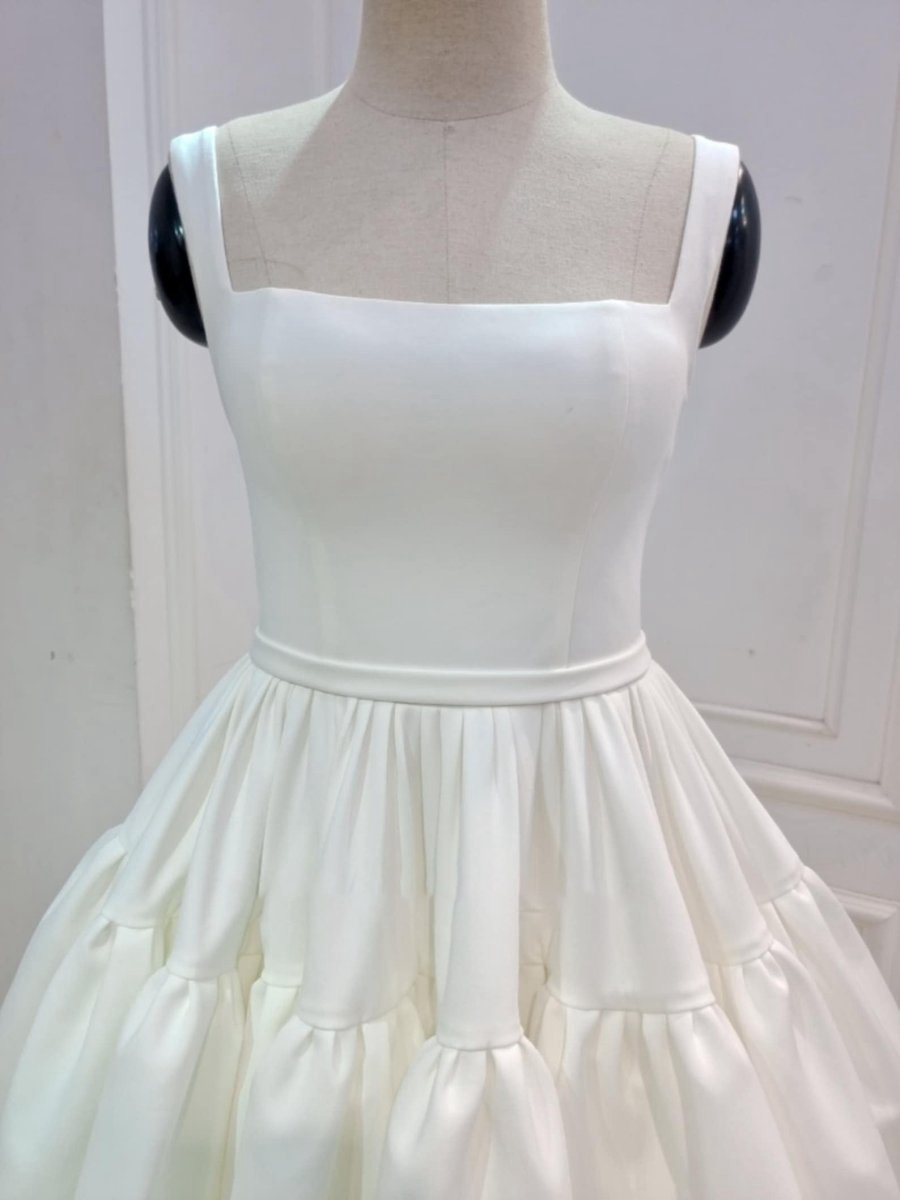 A-line Boat-Neck Mini-Length Sleeveless Satin Pleats Wedding Dresses