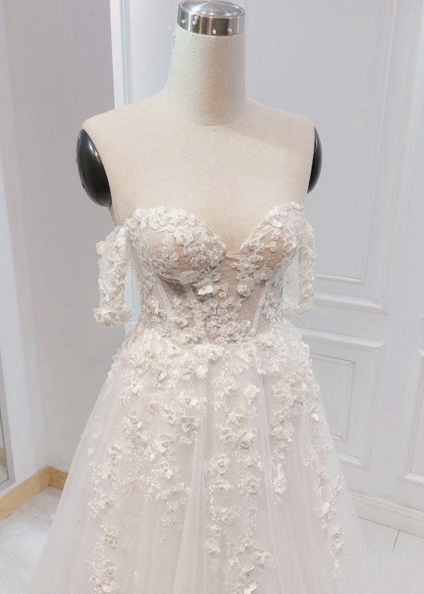 A-line Off the Shoulder Wedding Dresses with Flower Embroidery