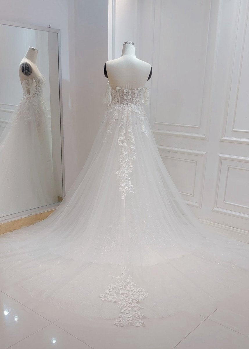 A-line Off the Shoulder Wedding Dresses with Flower Embroidery