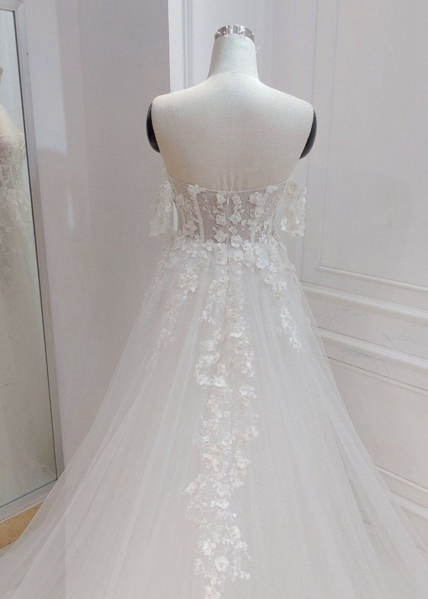A-line Off the Shoulder Wedding Dresses with Flower Embroidery
