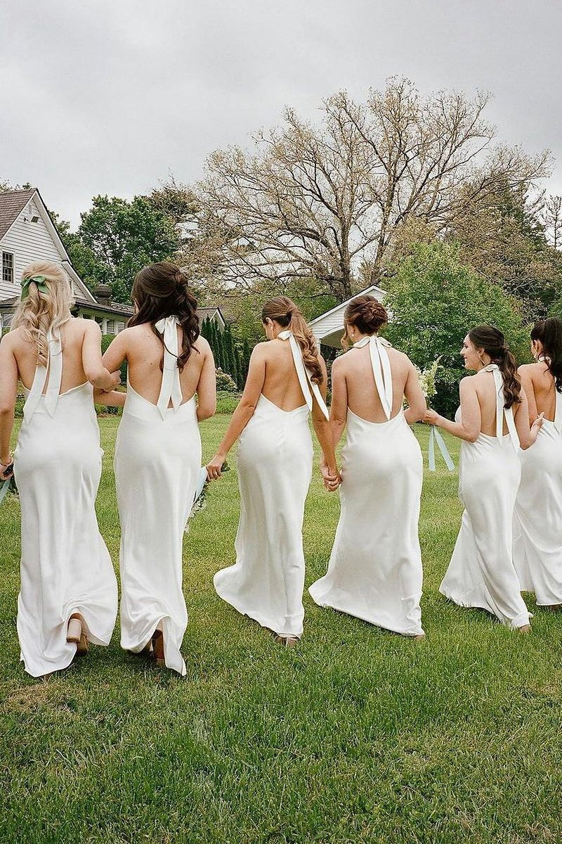 Sheath Halter Silk Satin Long Bridesmaid Dresses
