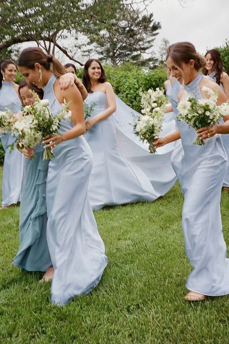 Sheath Halter Silk Satin Long Bridesmaid Dresses