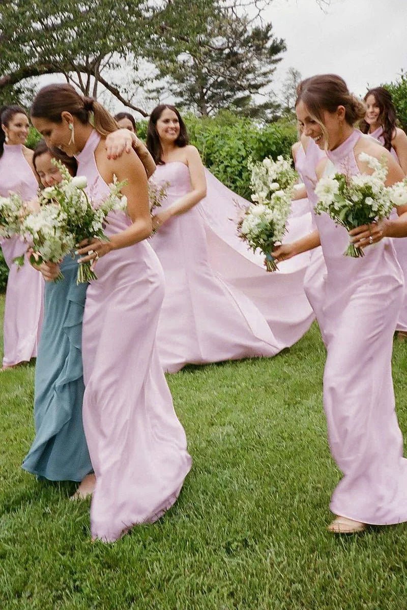 Sheath Halter Silk Satin Long Bridesmaid Dresses