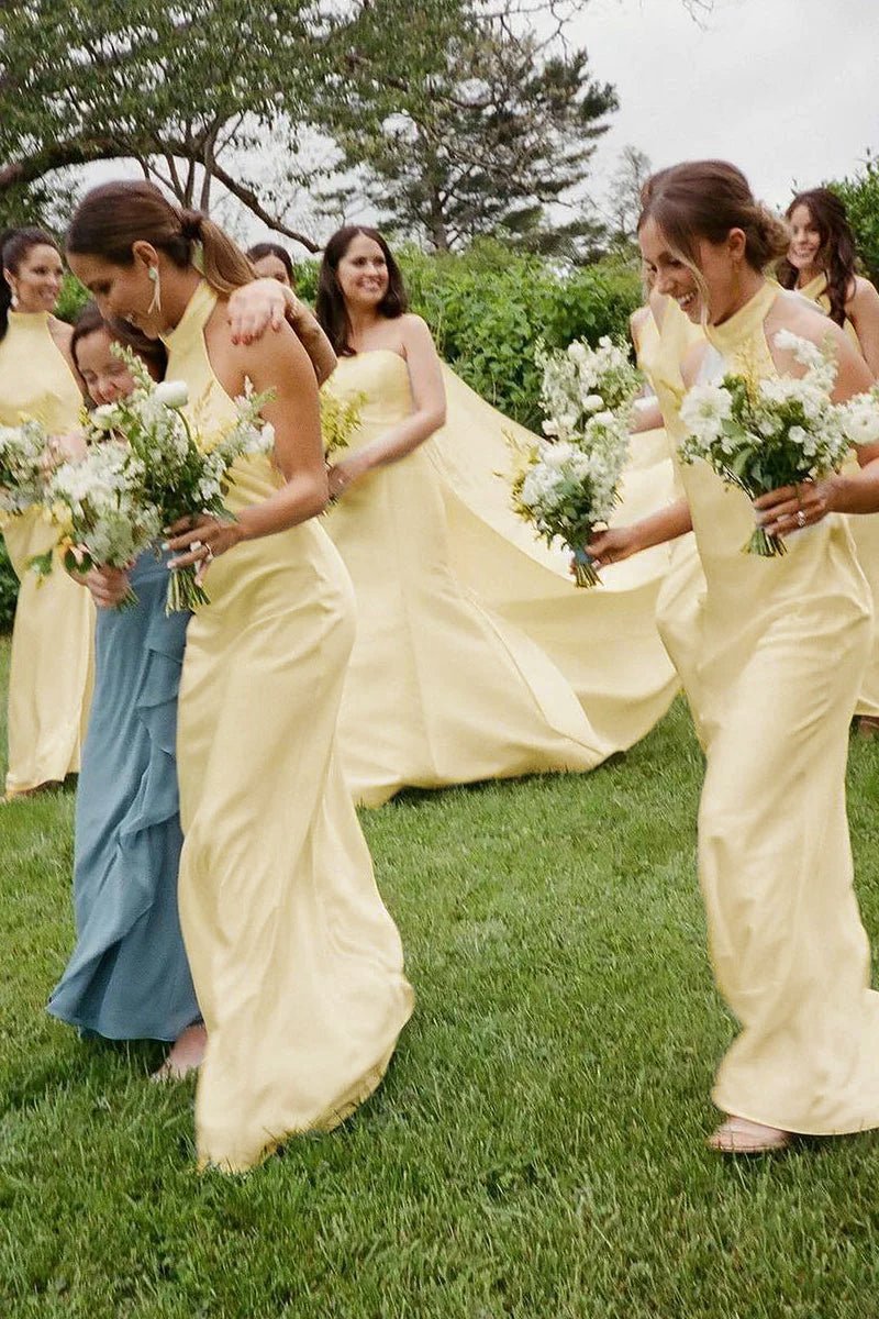 Sheath Halter Silk Satin Long Bridesmaid Dresses