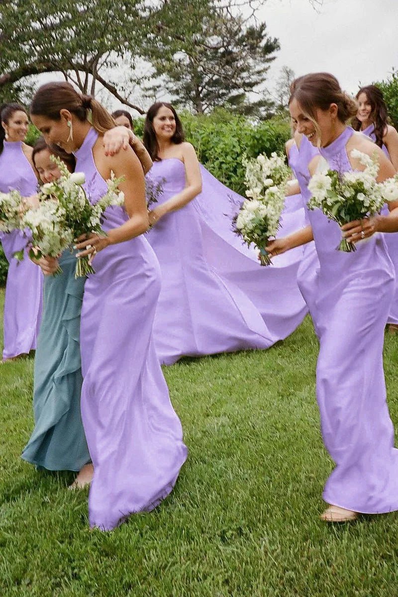 Sheath Halter Silk Satin Long Bridesmaid Dresses