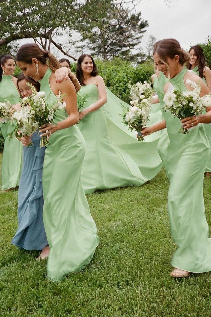 Sheath Halter Silk Satin Long Bridesmaid Dresses