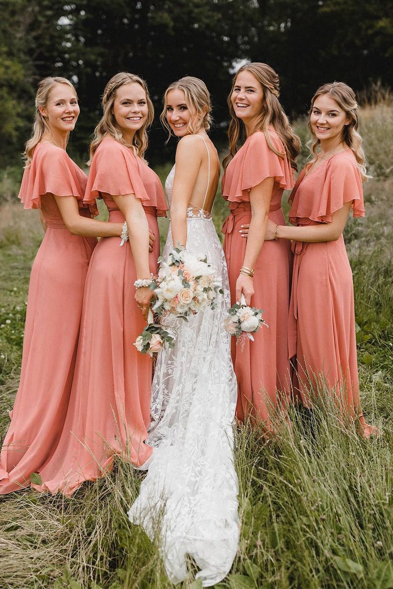 Simple A-line Coral Chiffon Long Bridesmaid Dresses