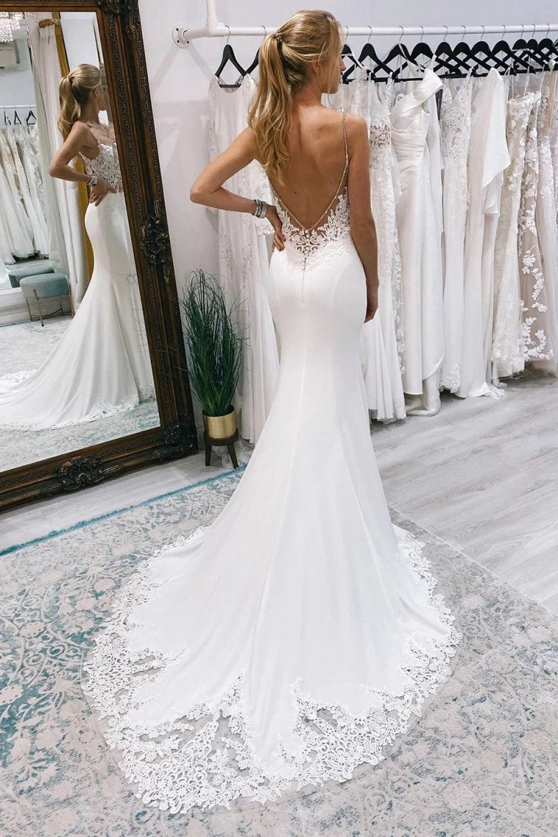 Stunning Mermaid V Neck Satin Lace Wedding Dresses with Train