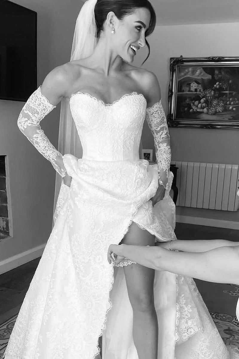 Vintage A-line Sweetheart Lace Wedding Dresses with Slit