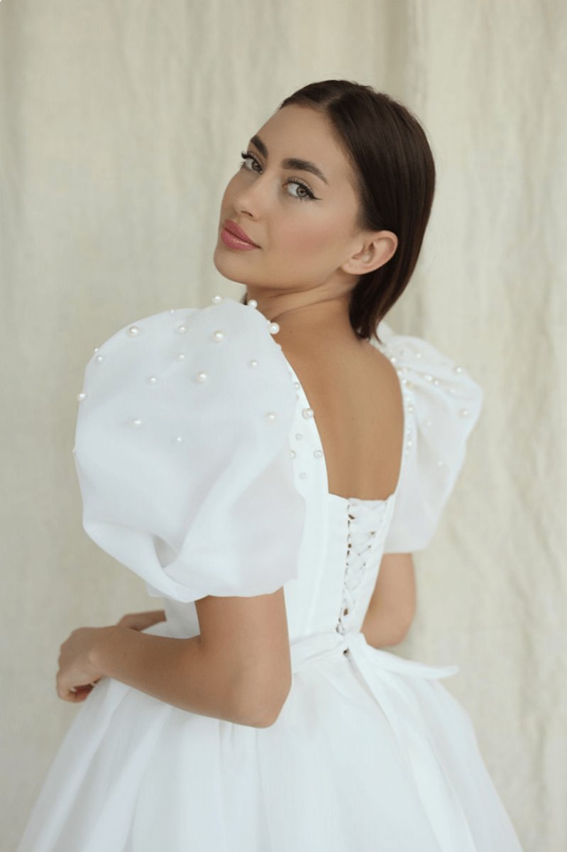 A-line Square-Neck Short Wedding Dresses with Puffy Pearls Sleeves