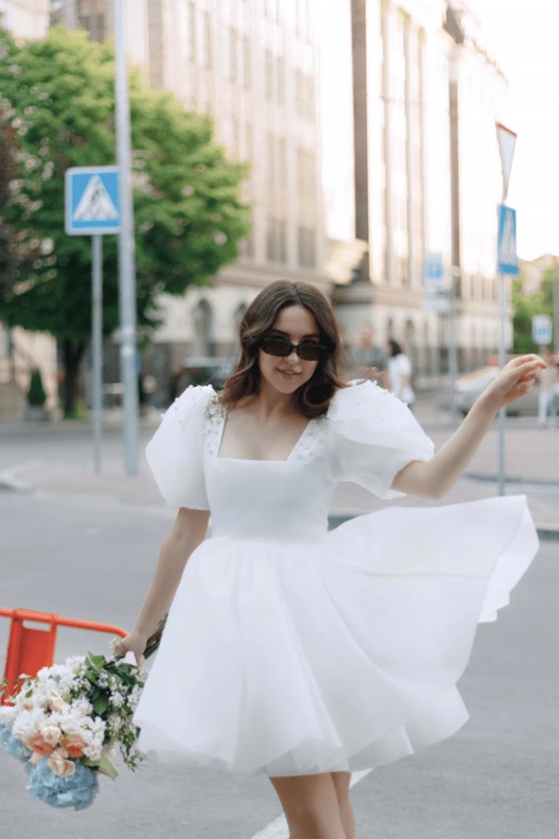 A-line Square-Neck Short Wedding Dresses with Puffy Pearls Sleeves