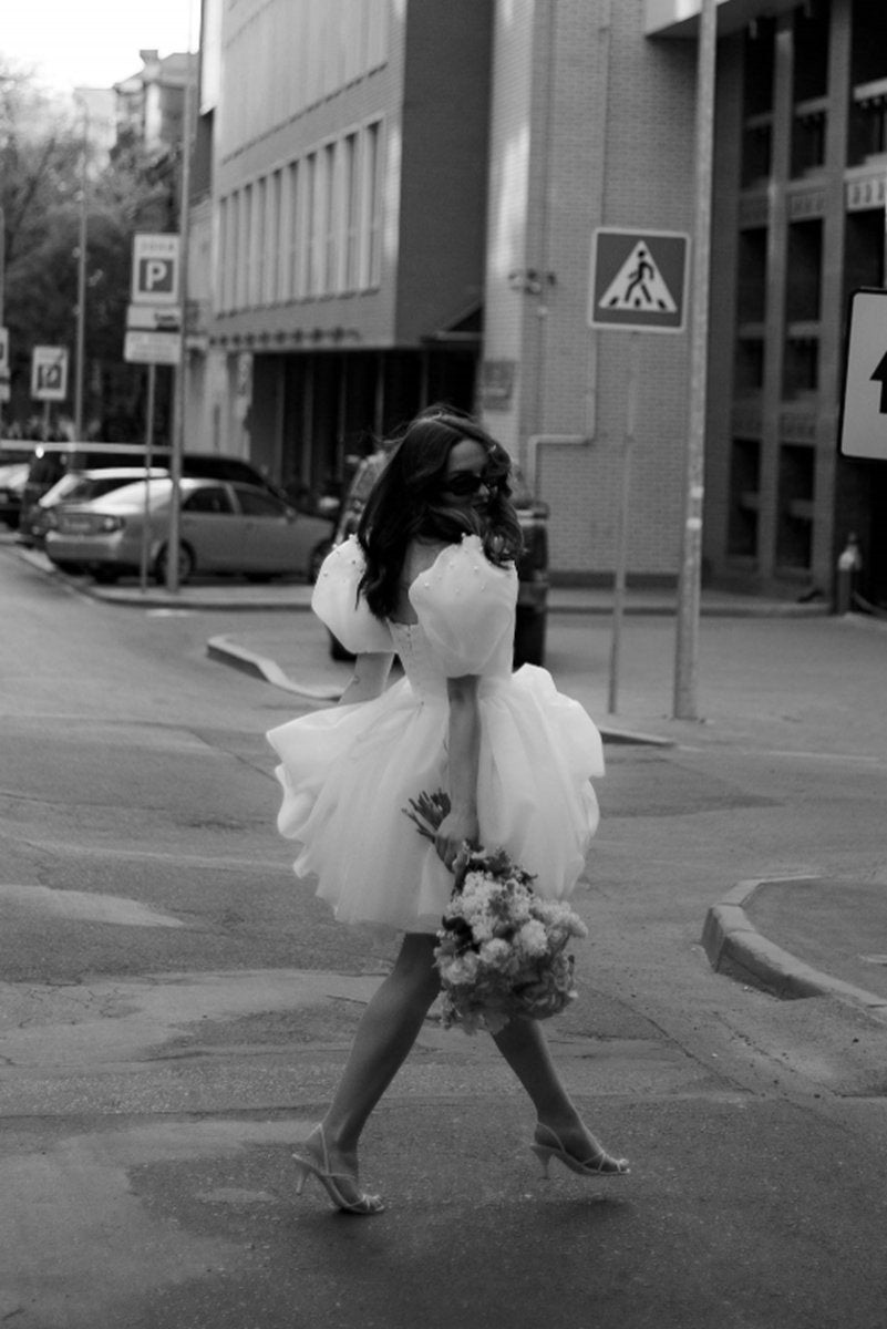 A-line Square-Neck Short Wedding Dresses with Puffy Pearls Sleeves