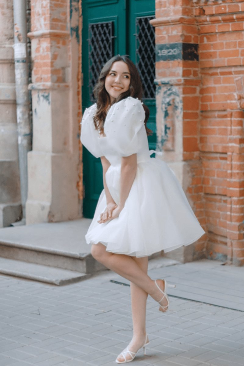 A-line Square-Neck Short Wedding Dresses with Puffy Pearls Sleeves