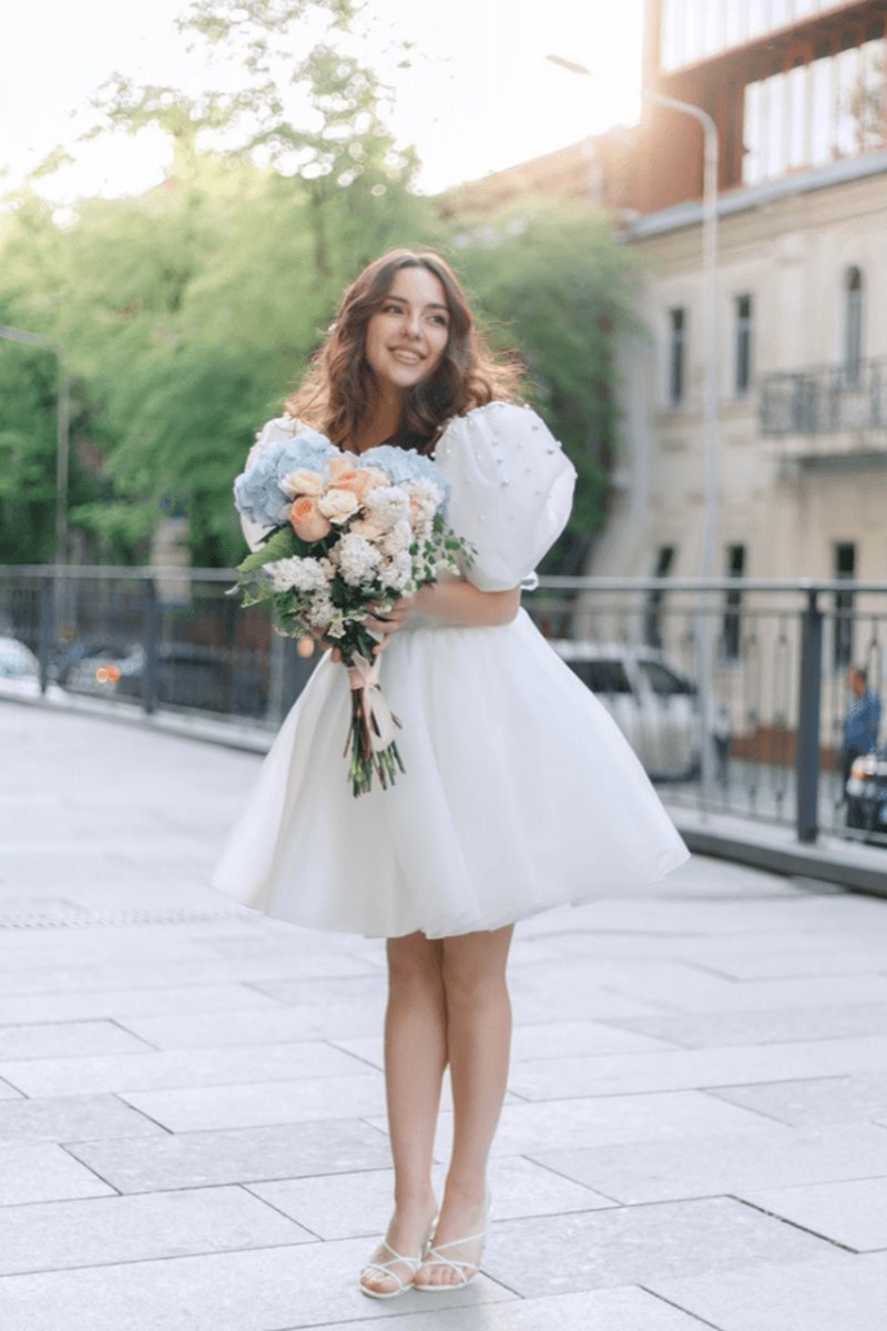 A-line Square-Neck Short Wedding Dresses with Puffy Pearls Sleeves