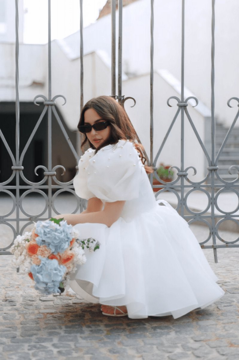 A-line Square-Neck Short Wedding Dresses with Puffy Pearls Sleeves