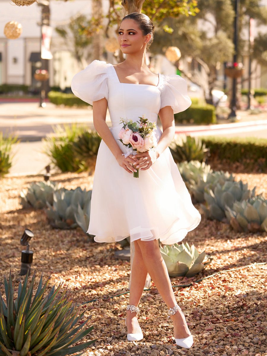 A-line Square-Neck Short Wedding Dresses with Puffy Pearls Sleeves