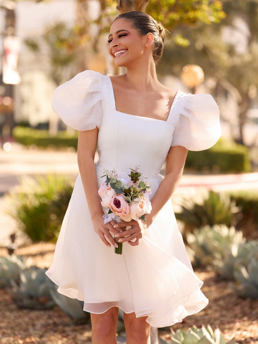 A-line Square-Neck Short Wedding Dresses with Puffy Pearls Sleeves