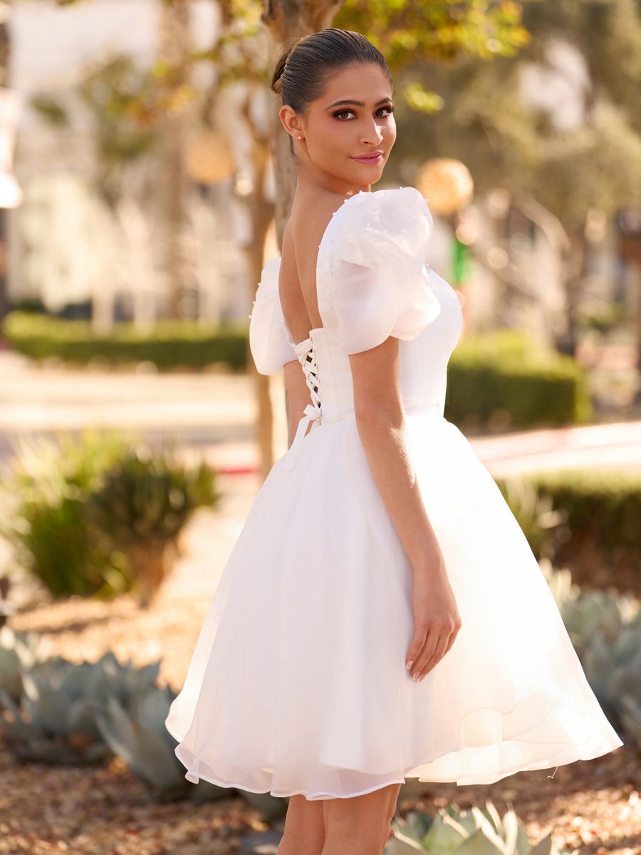 A-line Square-Neck Short Wedding Dresses with Puffy Pearls Sleeves