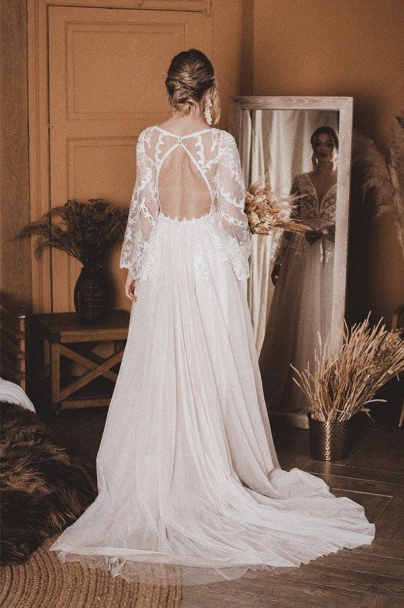 A-line Lace Top Flare Sleeves Open Back Wedding Dresses