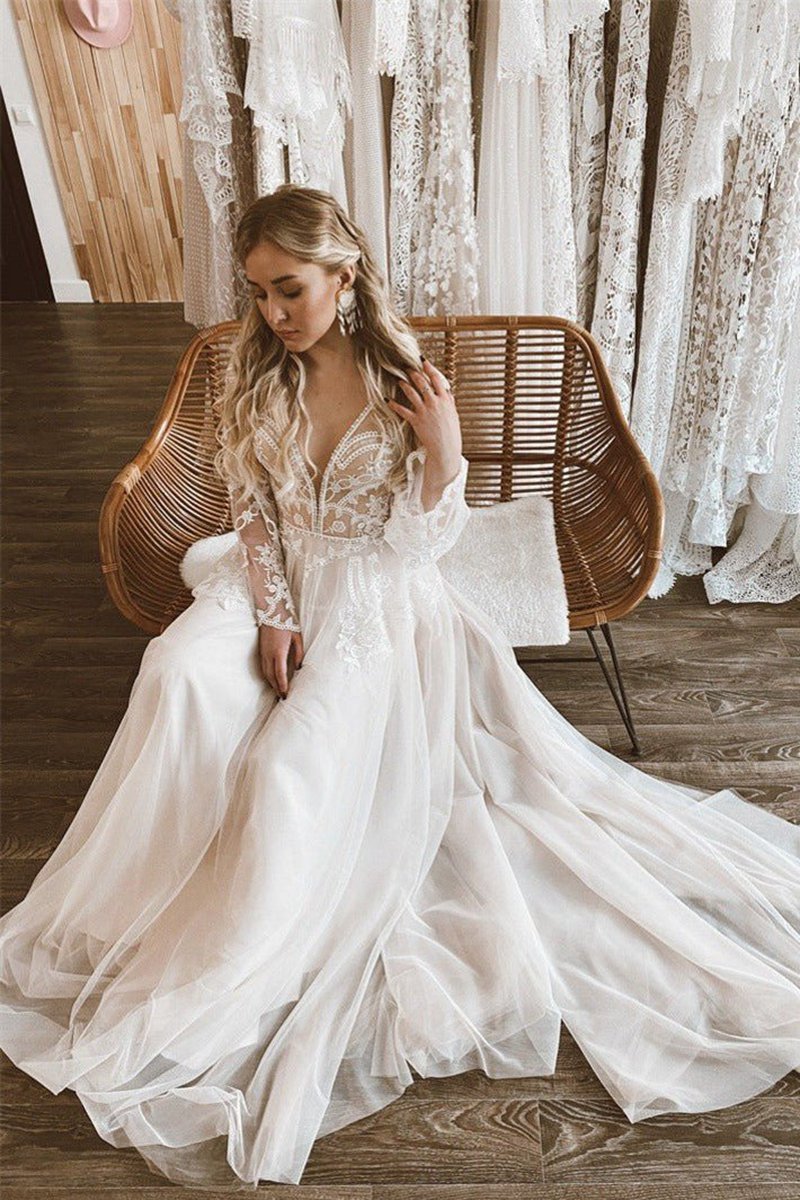 A-line Lace Top Flare Sleeves Open Back Wedding Dresses