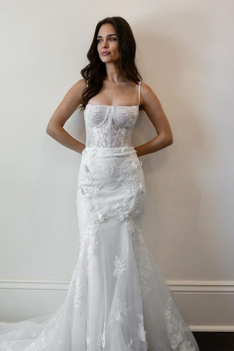 Mermaid Spaghetti Straps Tulle Wedding Dresses with Appliques