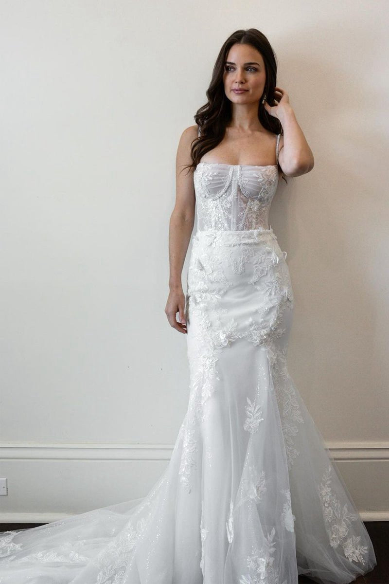 Mermaid Spaghetti Straps Tulle Wedding Dresses with Appliques