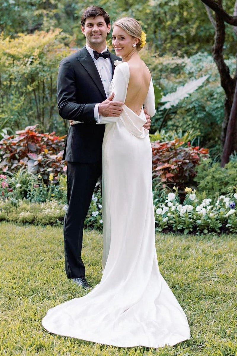 Sheath Backless Long Sleeves Soft Satin Wedding Dresses