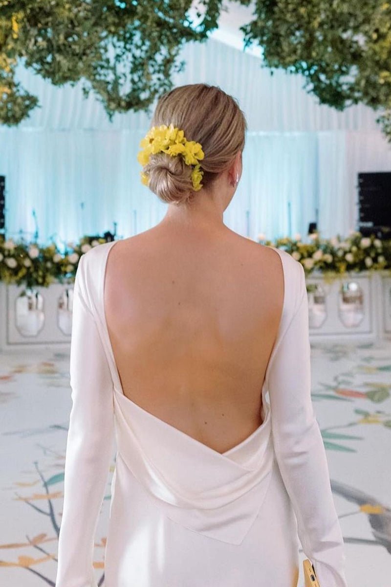 Sheath Backless Long Sleeves Soft Satin Wedding Dresses