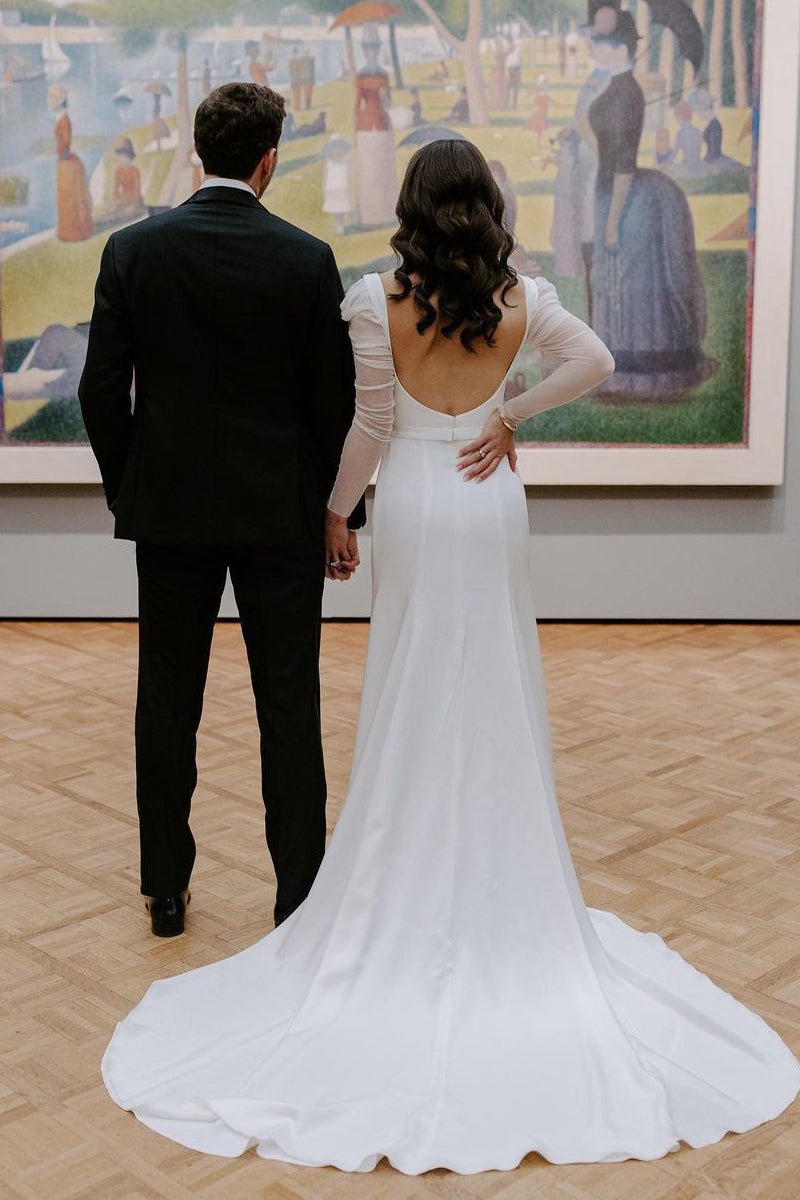 Mermaid Square Neck Long Sleeves Satin Wedding Dresses