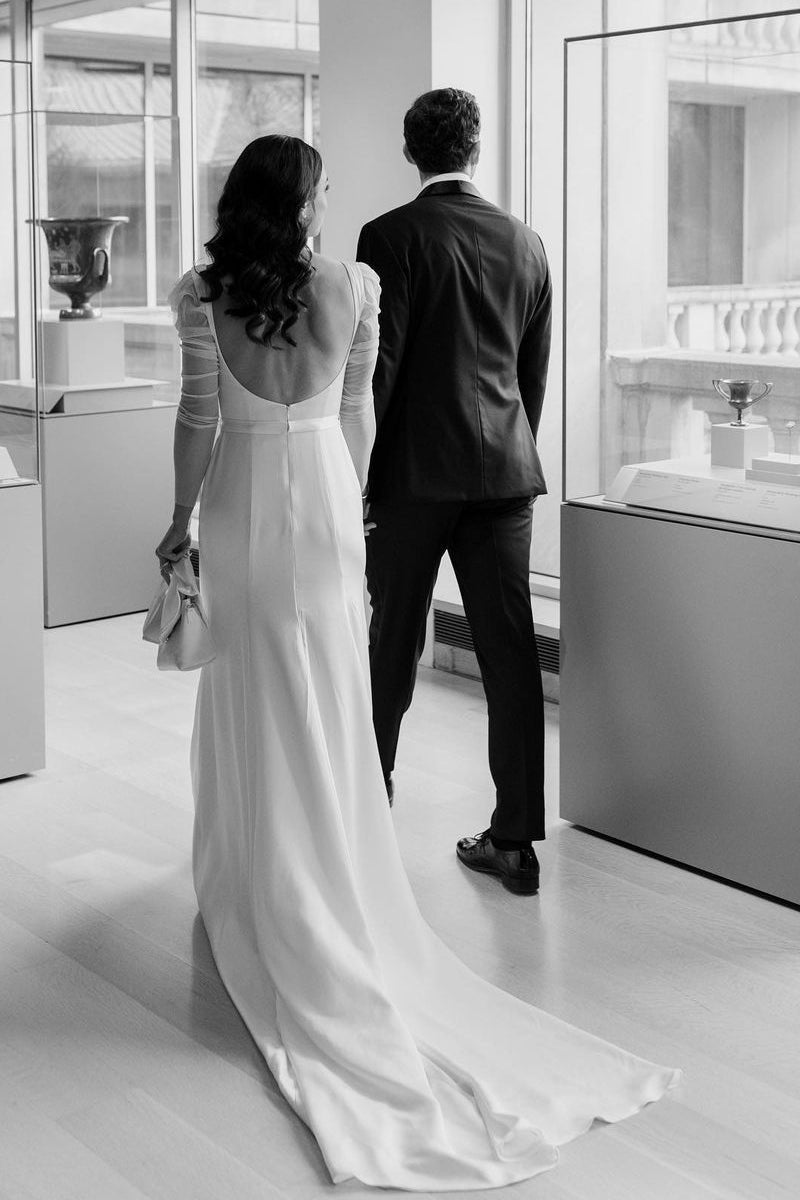 Mermaid Square Neck Long Sleeves Satin Wedding Dresses
