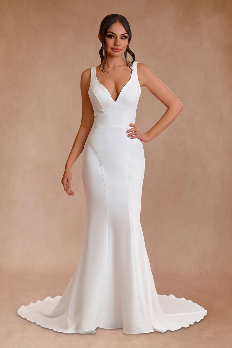Simple Mermaid V Neck Satin Wedding Dresses