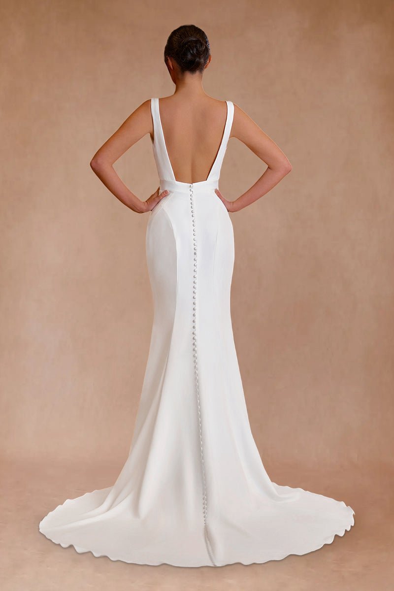 Simple Mermaid V Neck Satin Wedding Dresses