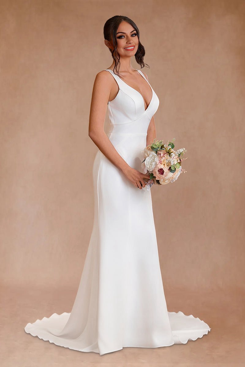 Simple Mermaid V Neck Satin Wedding Dresses