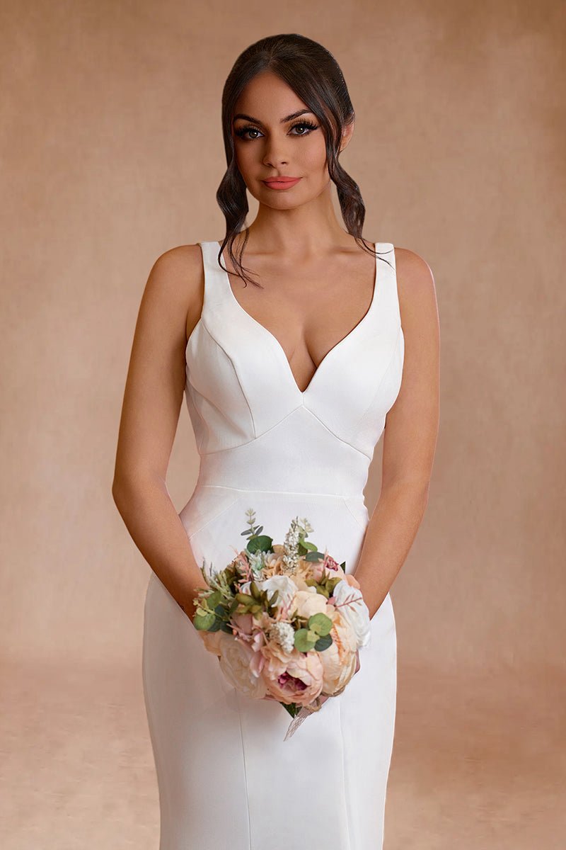 Simple Mermaid V Neck Satin Wedding Dresses