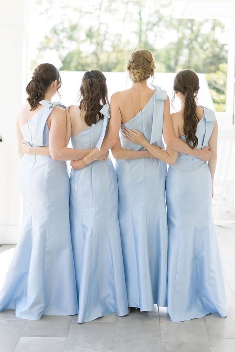 One Shoulder Satin Sheath Long Bridesmaid Dresses