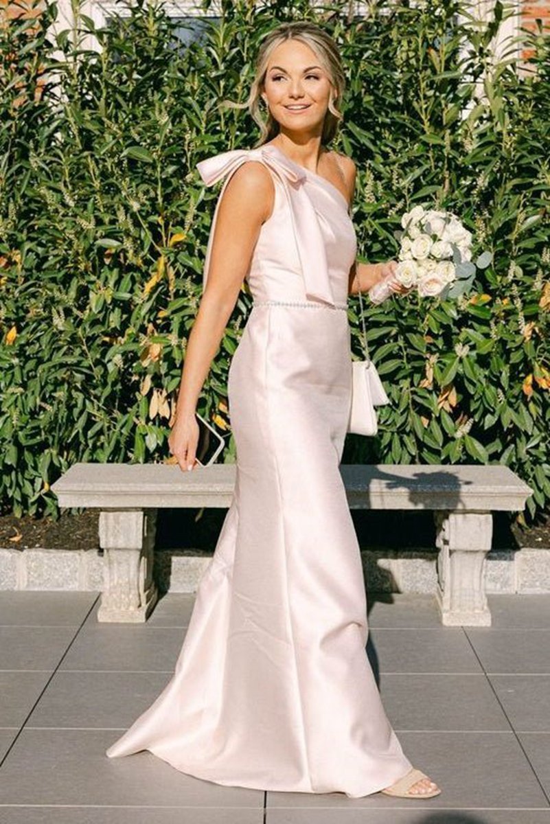 One Shoulder Satin Sheath Long Bridesmaid Dresses