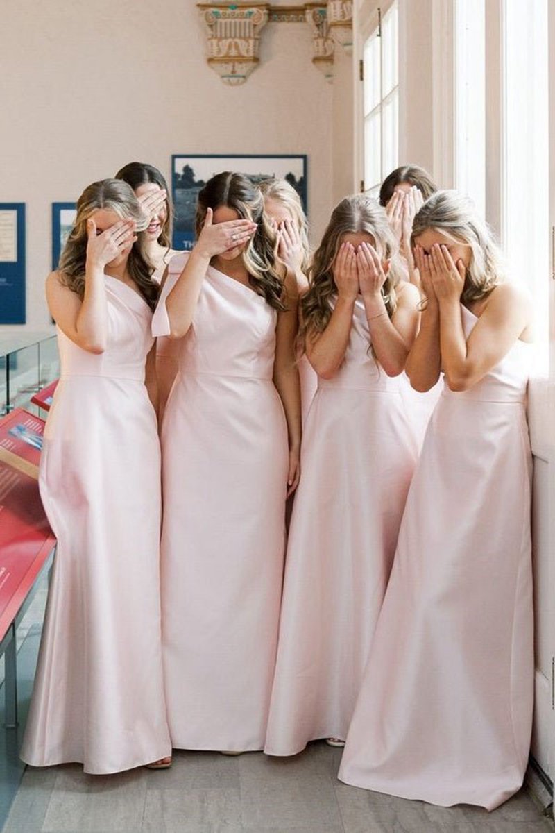 One Shoulder Satin Sheath Long Bridesmaid Dresses