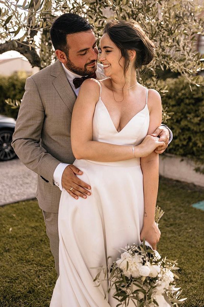 Elegant A-line V Neck Straps Satin Wedding Dresses