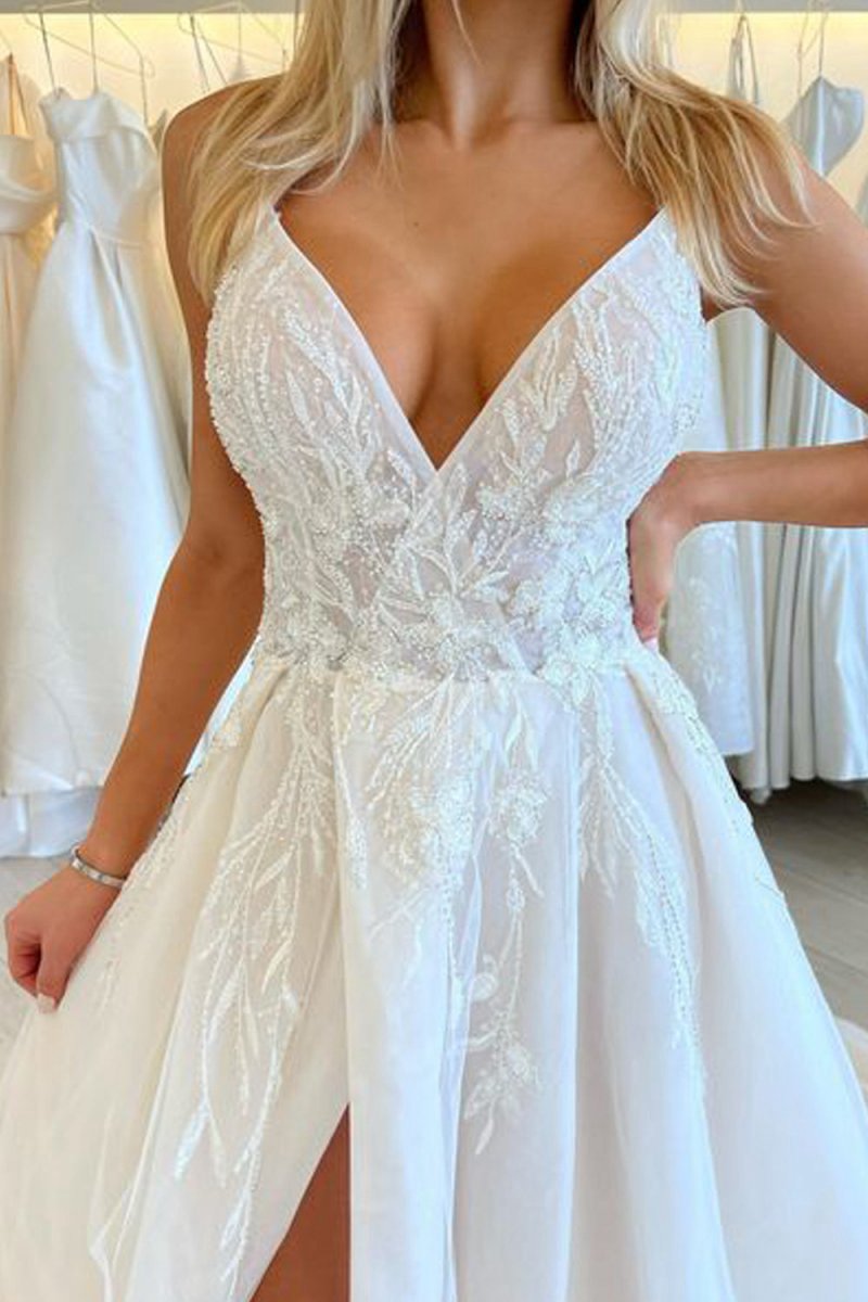 Gorgeous A-line V Neck Organza Long Wedding Dresses with Appliques