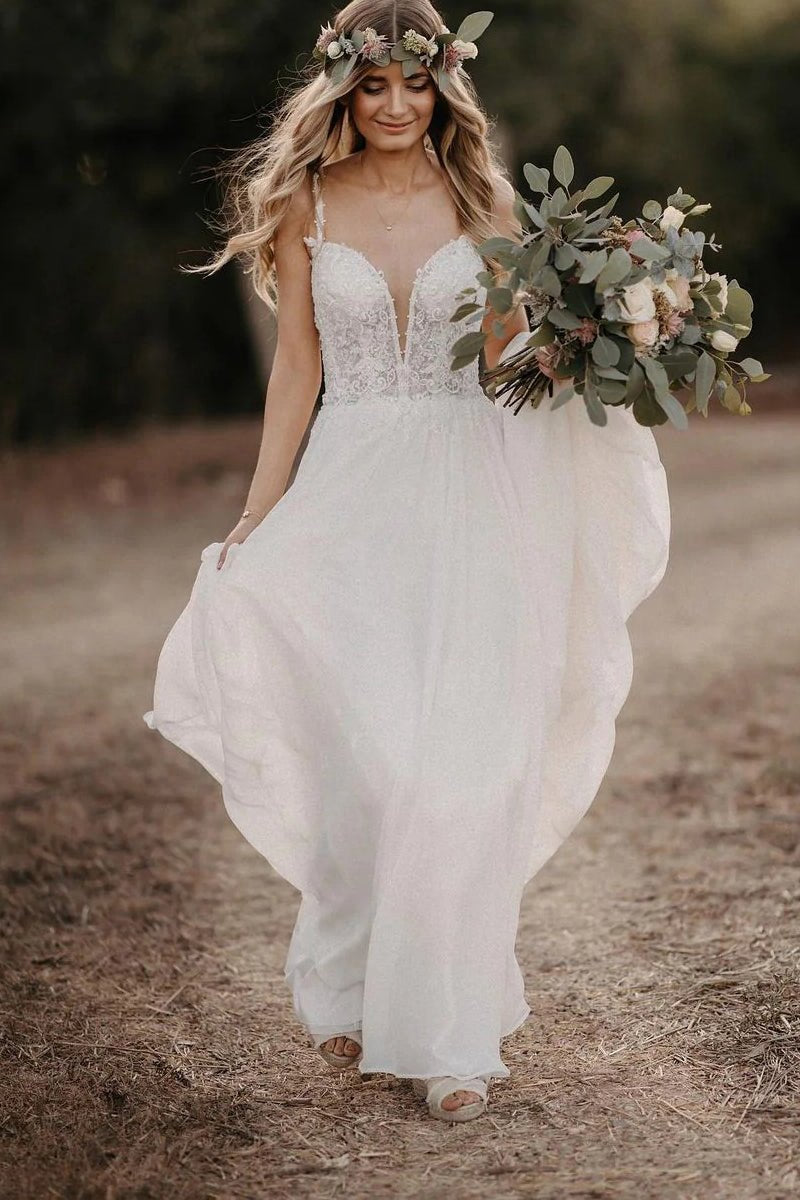 Fairy A-line V-Neck Chiffon Long Wedding Dresses with Appliques