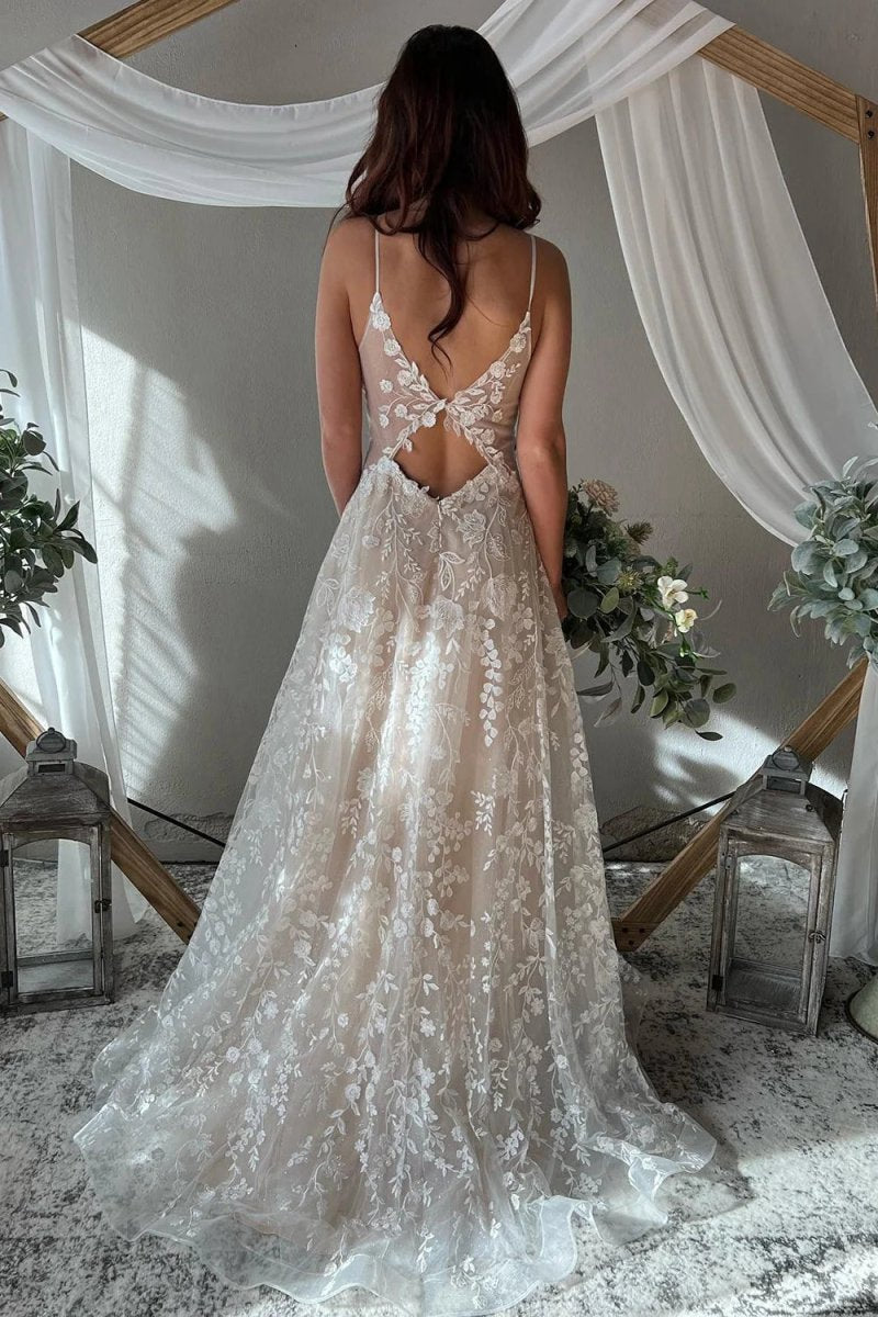 Exquisite A-line V Neck Lace Boho Wedding Dresses