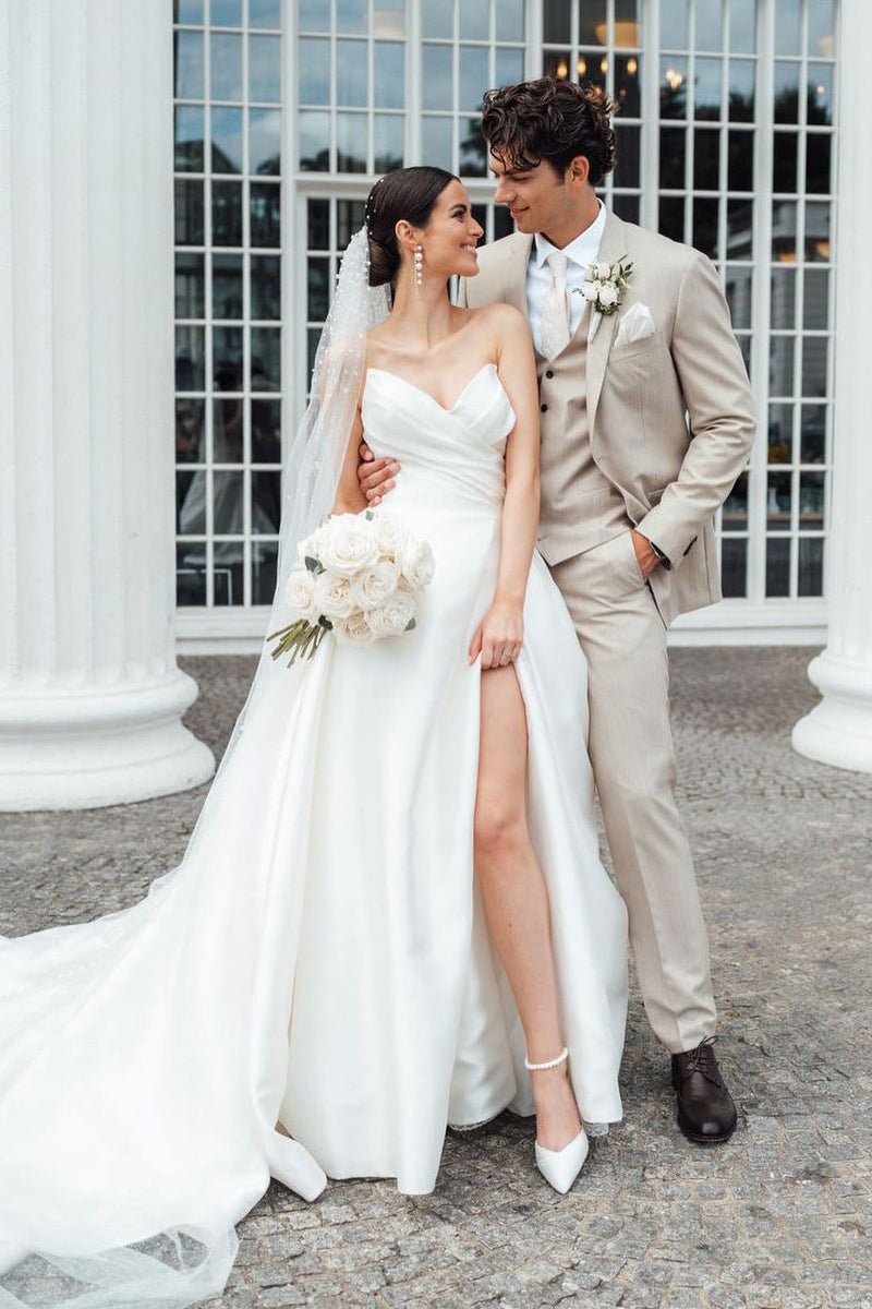Elegant A-line Strapless Satin Wedding Dresses with Slit